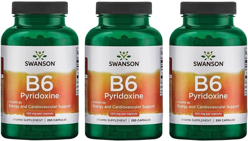 Swanson B6 Pyridoxine - 维生素补充剂促进心血管健康与能量代谢 - 自然公式促进整体健康 - (每包250卡普尔,100毫克) 3 Pack