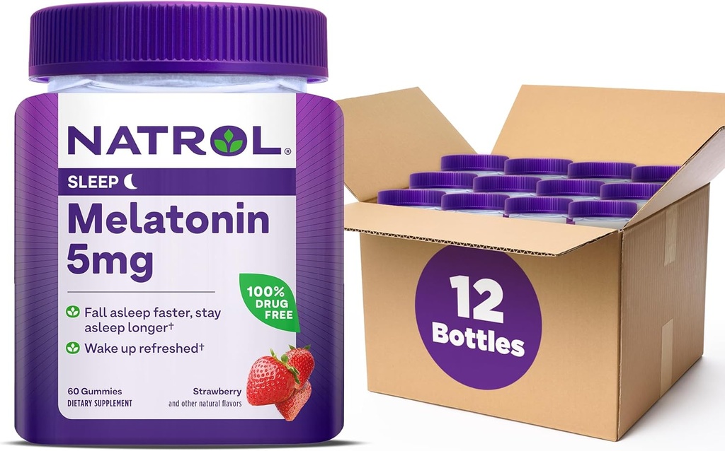 Natrol 5mg Melatonin Gummys, 成人睡眠支持, Melatonin 睡眠补充品, 60 草莓味的Gummys, 30日供应(12包)