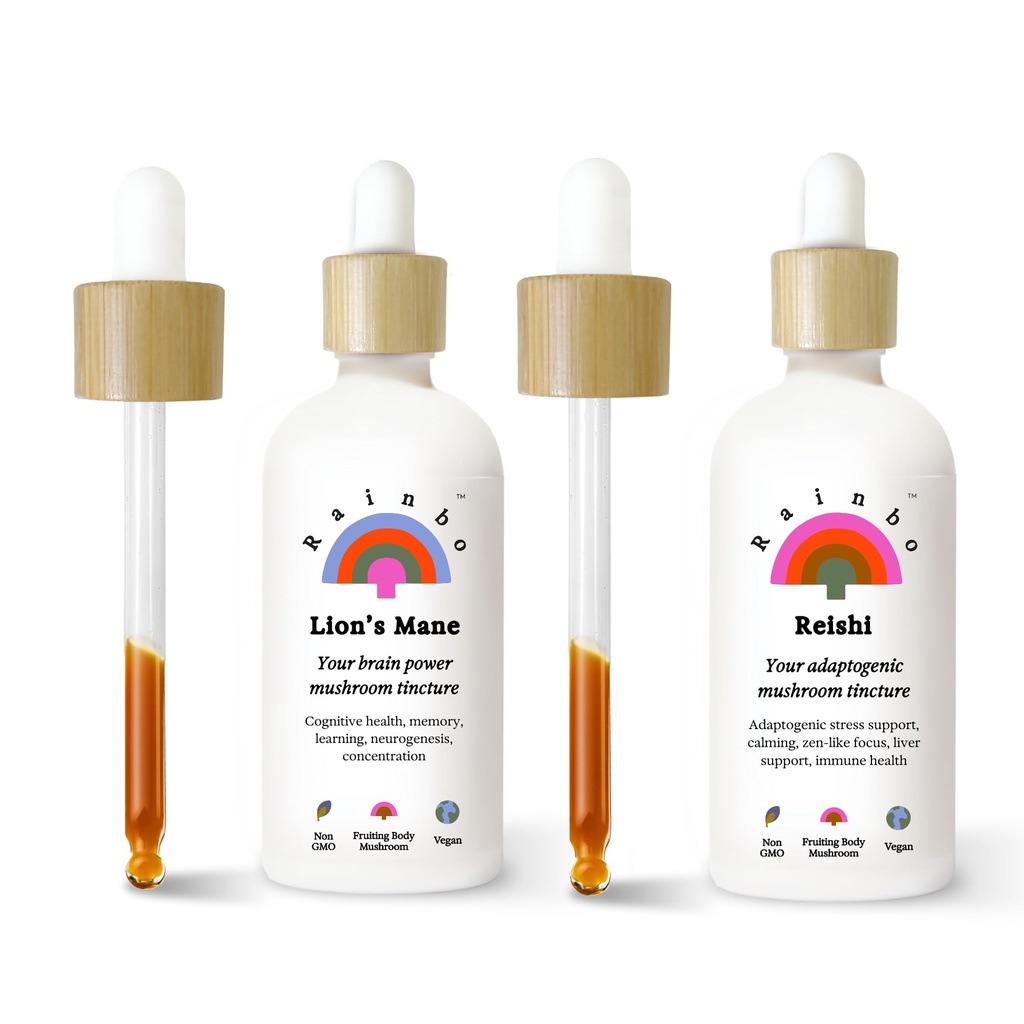 Rainbo Brain Health Bundle, 狮子的马恩蘑菇提取器 + Reishi蘑菇Tincure, 双提取器 Daily Mushroom Tincures for 综合免疫支持, Vegan Liquid Mushroom 补充