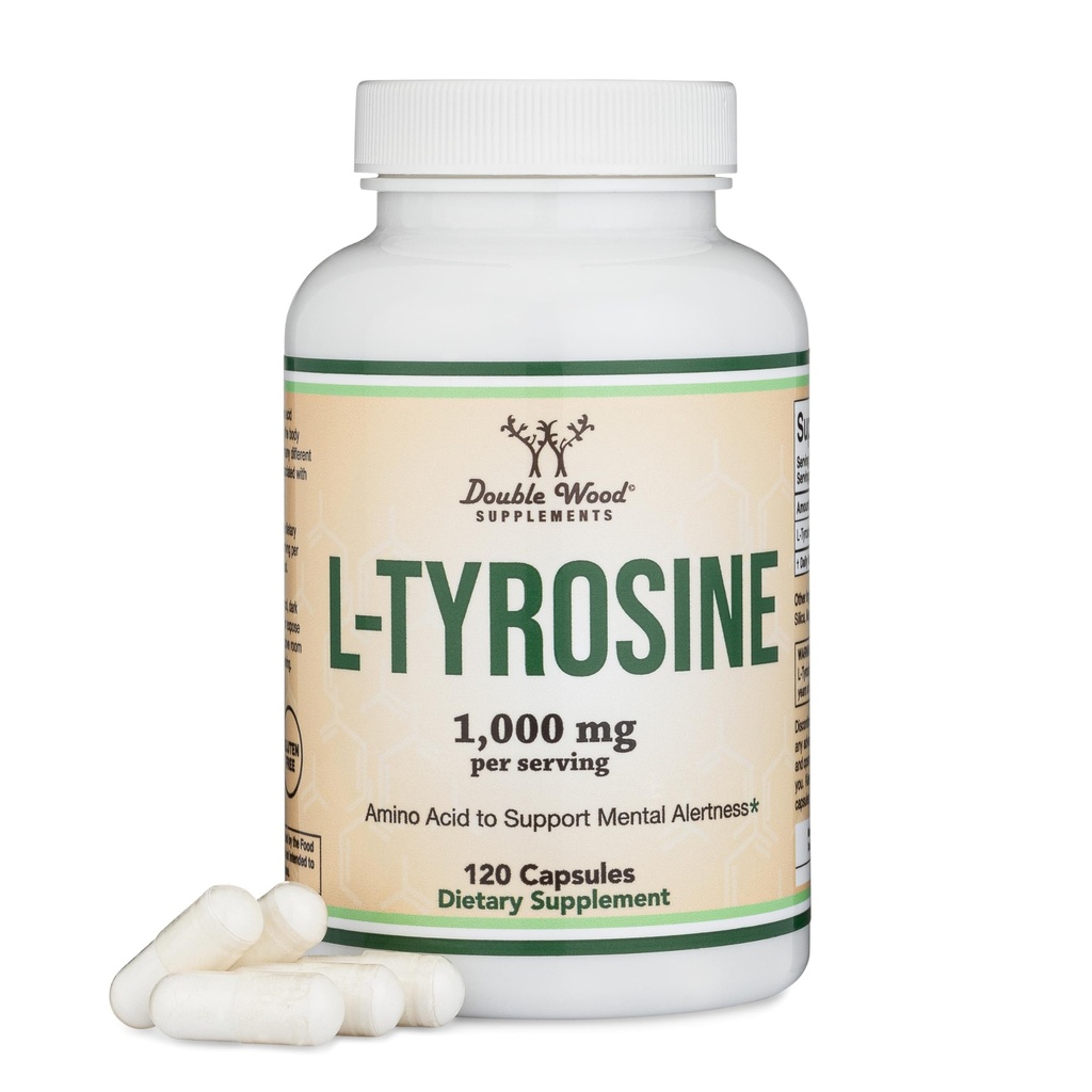 L-Tyrosine 1000 mg / service, 120 Veggie Capsules (L Tyrosine Supplement for memory, attention, and Focus) 氨基酸, Vegan Safe, 非GMO 由双木制成
