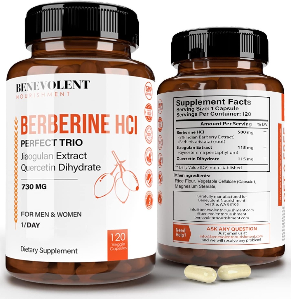 Berberine Premium HCL 730mg - 120 VCAPS 配有非GMO Jiaogulan & Quercetin的完美三重复合体