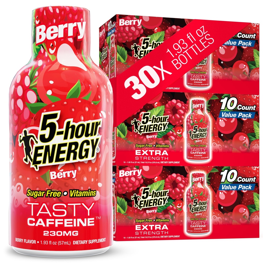 5小时ENERGY Shots Extra Starity, Berry Flavor, 30 Counter, 1.93 Fl Oz, 无糖,零卡路里,氨基酸和基本B维生素, 饮食补充, Feel Alert and Energized, 230 mg 咖啡因
