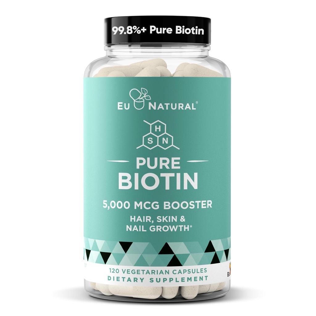 Biotin 5000 mcg 毛皮钉子增生 – 女性和男性高剂量毛发生长维生素 – 为健康毛发,强力钉子和光滑皮提供强大的支持 – 120 Vegan Soft Capsules