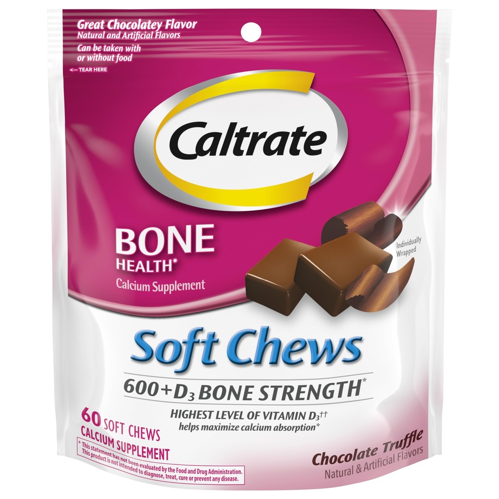 Caltrate Soft Chews 600 Plus D3 维生素D Calcium Calcium D 补充品,巧克力曲棍球 - 60 Counter(包装 May Vary)