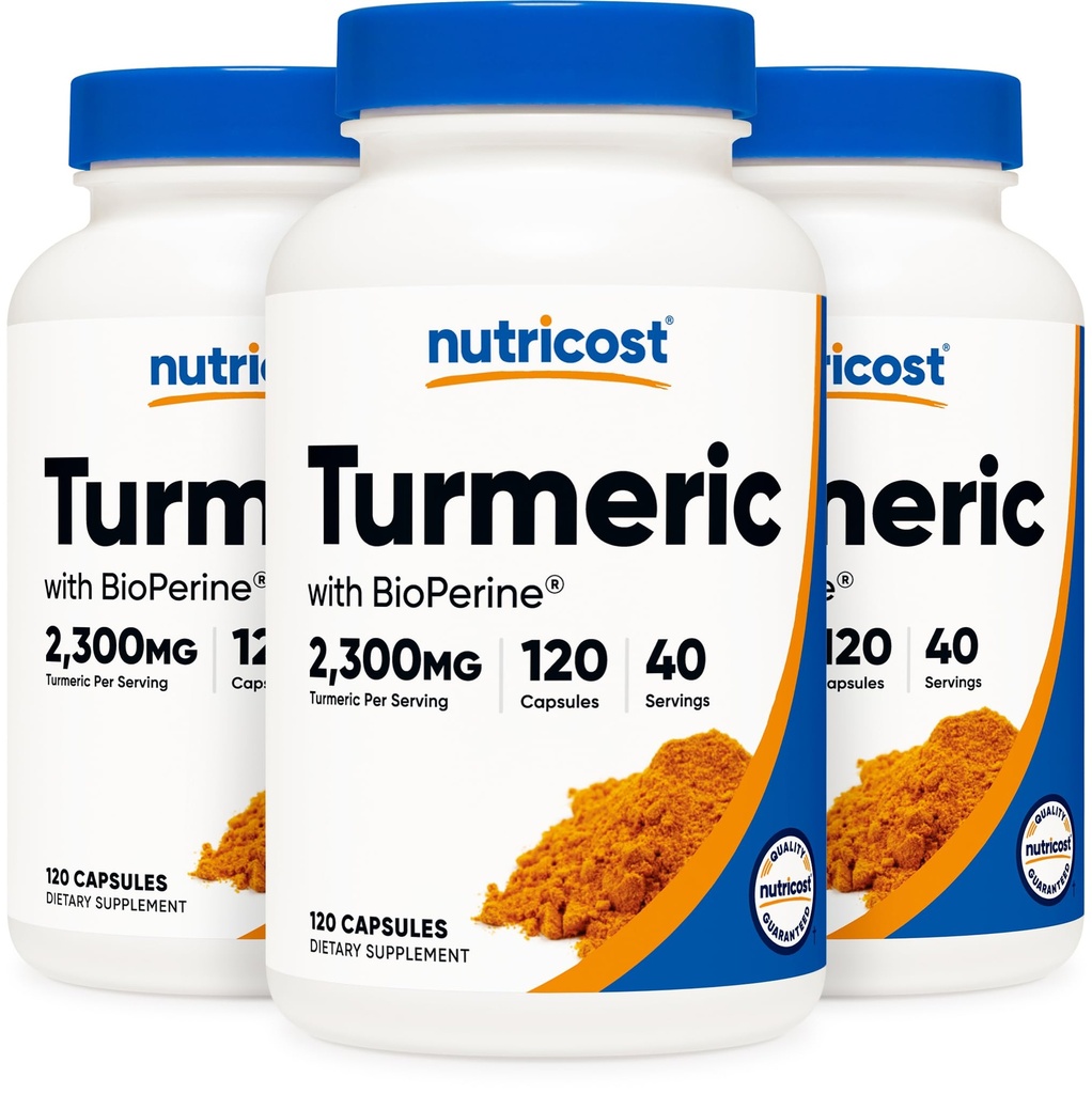 含有生物丙烯和95%的Curcuminoids、2300mg、120 Capsules、Veggie Capsules、767mg Per Cap、40 Services、Gluten Free、N-GMO的营养成本涡轮曲霉素药剂(3包)