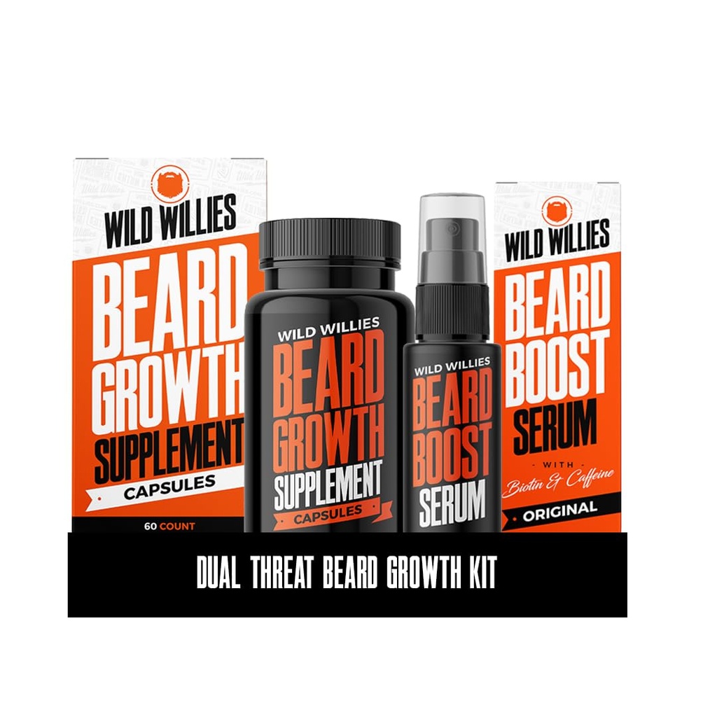 Wild Willis 胡子生长包 - Capsules & boost Serum - 天然生长油与生物素 & 咖啡因 - Fuller、Thicker Beard - 60 Capsules - 男性