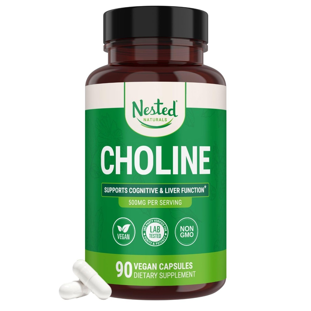 Nested Naturals Choline Bitartrate 500mg - 高概率的Choline 补充 - 支持认知性能和Liver函数 - 100% Vegan & Non-GMO Choline - 90 Vegan Capsules