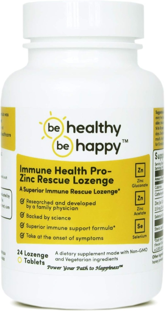 Be Healthy! Be Happy! Immune Health Pro - Zinc Rescue Lozenge Common Cold Relief Formula & Immune System Support 24 Count.