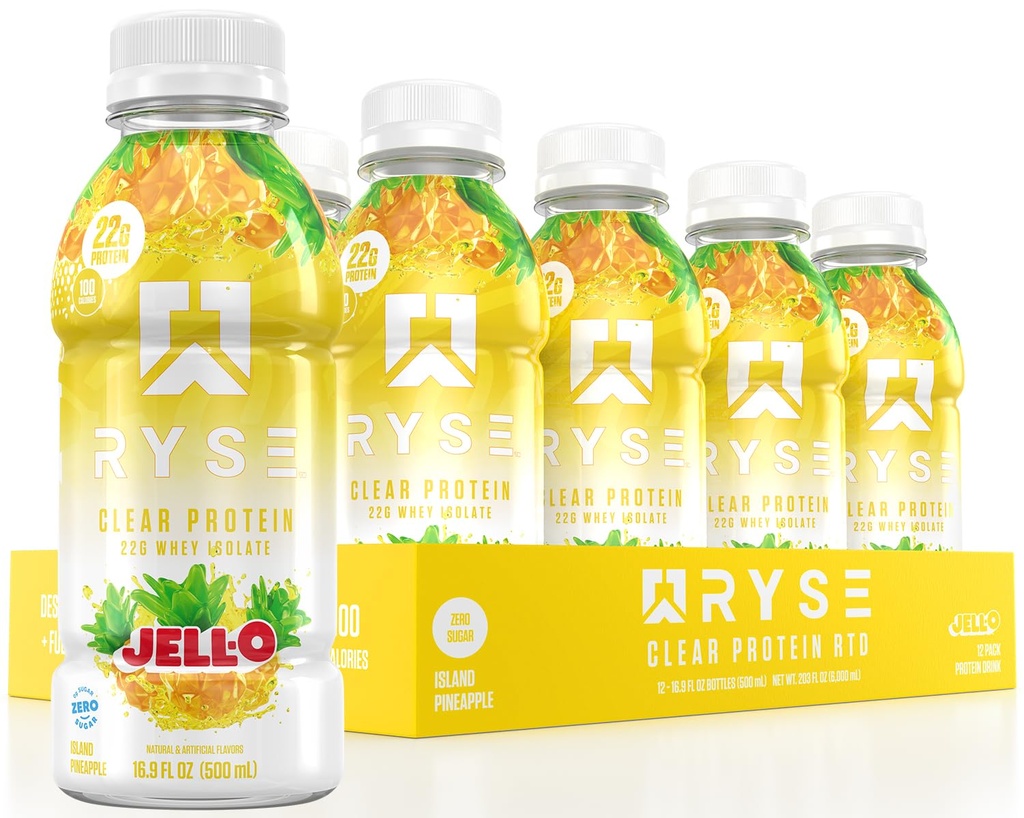 RYSE 清蛋白饮料 - Jell-O Island Pineapple - 100 Calories, 22g Whei 隔离蛋白摇摆,无糖,0g Fat & Lactose - Free - Ready-to-Drink饮料 - 16.9 fl oz 瓶子(12-Pack)
