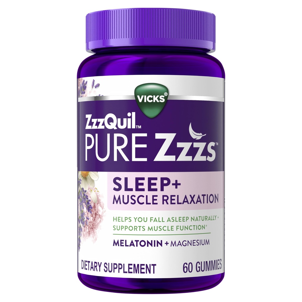 ZzzQuil Pure Zzzs Muscle 放松 美拉图宁睡眠援助 Gummys, 支持肌肉功能, 帮助你自然失眠, 快, 美拉图宁 + 镁, 无次日贪婪, 无毒, 60 ct