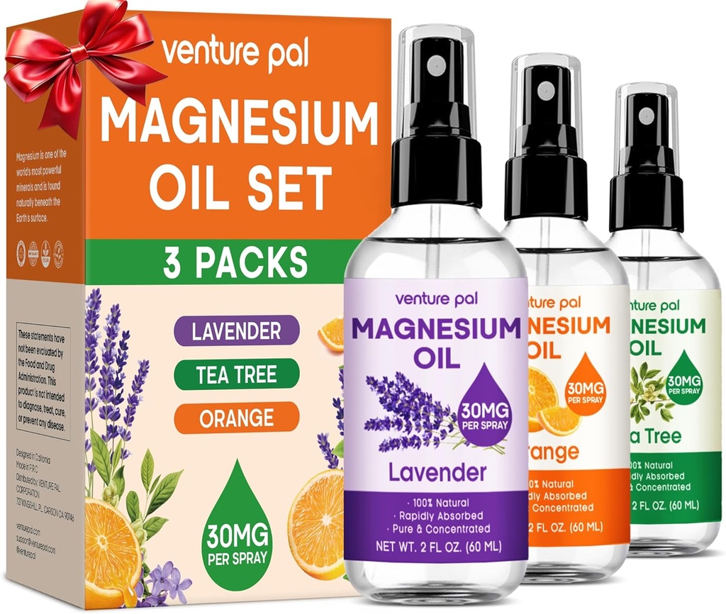 Venture Pal 3-Pack Tableal Magnesium Oil Spray Set for Feet – 理想的放松礼物,更好的睡眠,腿和关节的肌肉救济,健康的头发和皮肤. 非灰色快速吸收