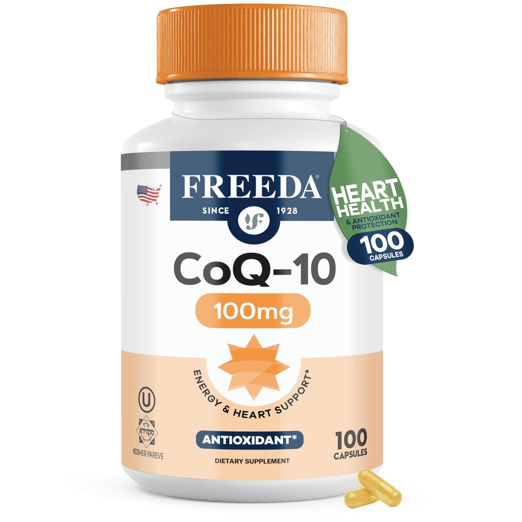 FREEDA CoQ10 100mg - Kosher Coenzyme Q10 心血管心脏健康,血压支持,口腔口腔健康和健康老龄化的饮食补充 - 纯 CoQ10 Capsules, 100 Counter