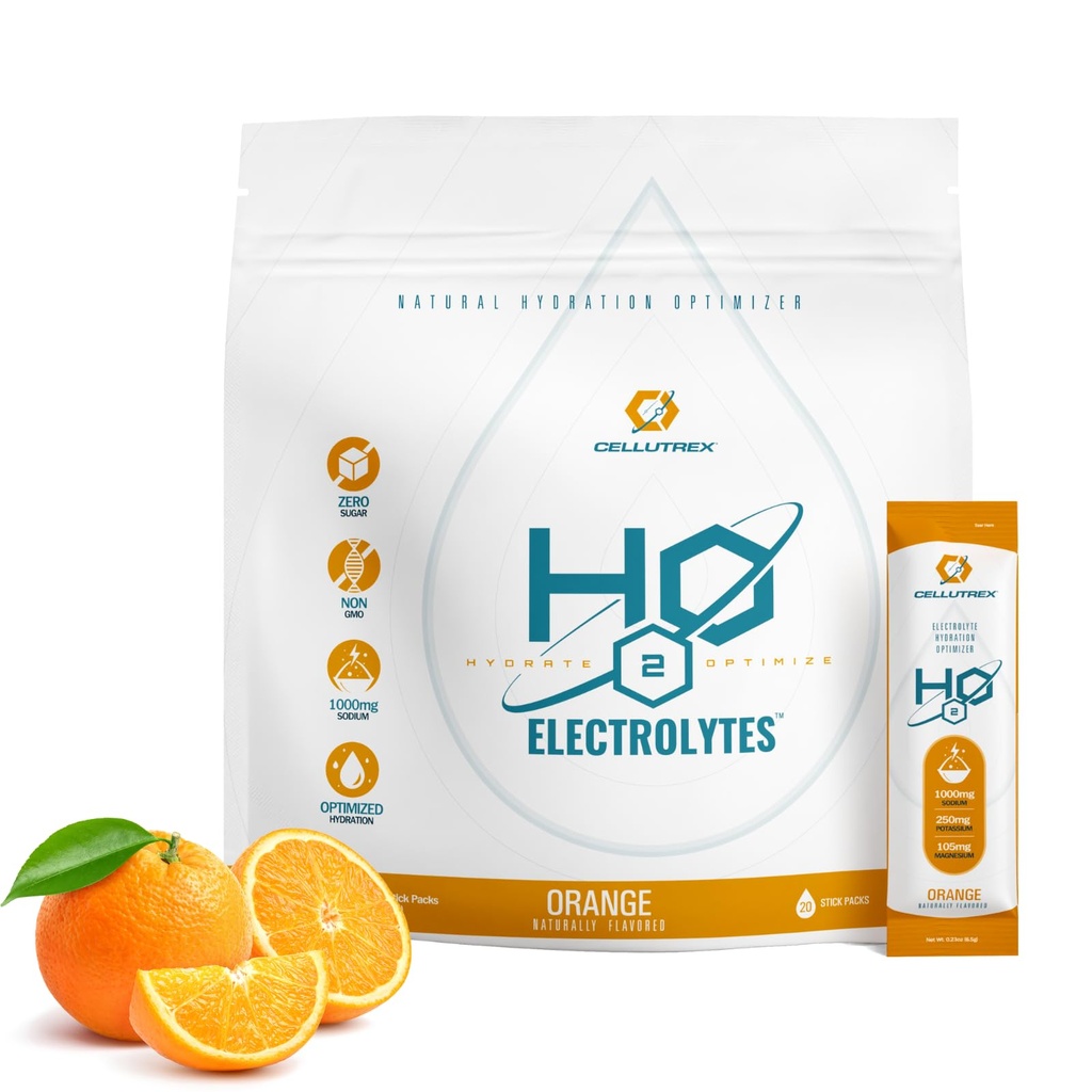 Cellutrex → H2O 电解质 – 电解质 粉末 饮料 混合剂 零糖 天然盐水分包 用于恢复与健康 橙色 20棒