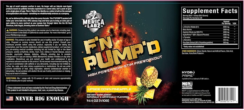 "Merica Labz F'N Pump'D 无兴奋剂,Nitric Oxide, Fully Dosed, Pump PreWorkout Powder (20 series) (上下菠萝)"