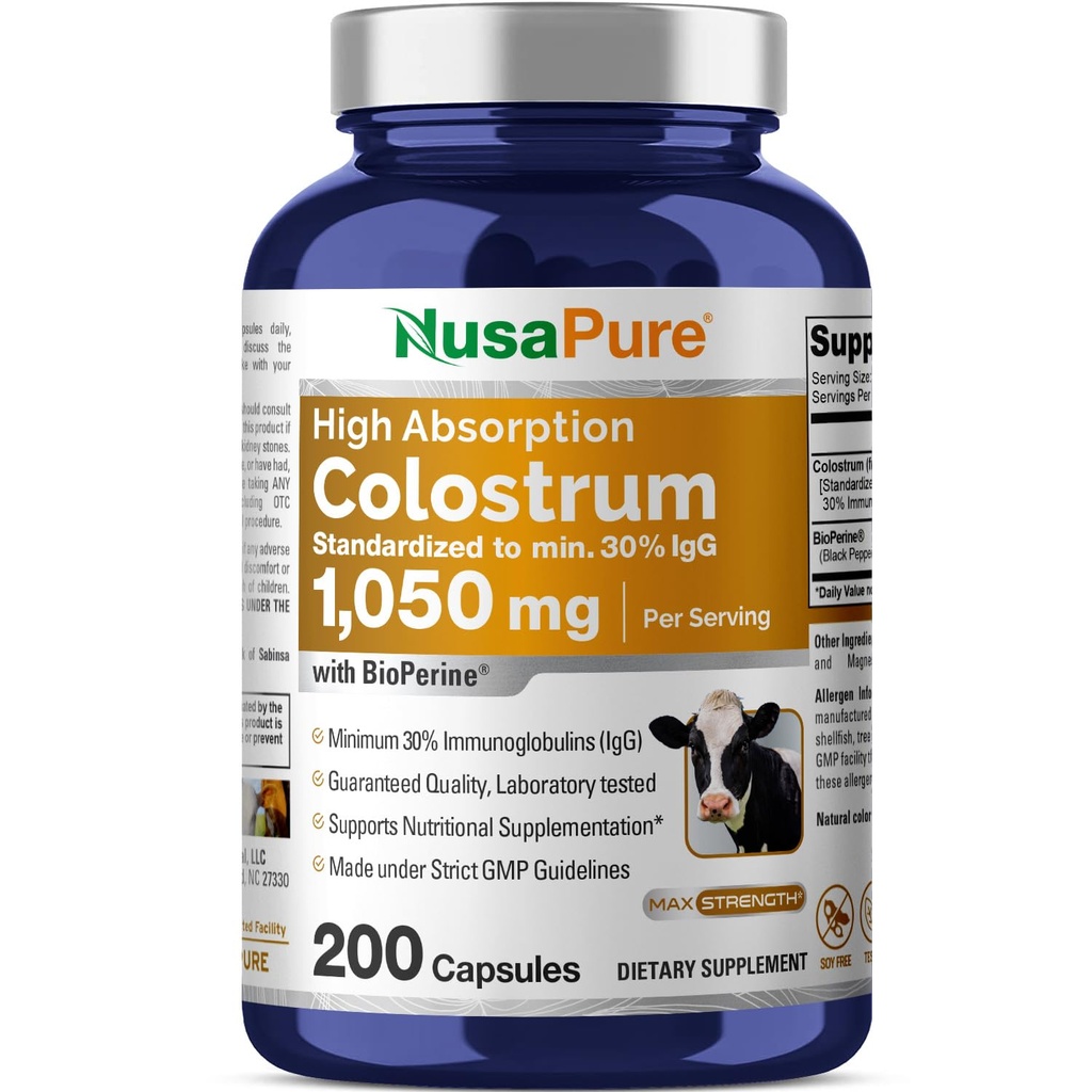 NusaPure Colostrum 1050 mg 30% IgG 200胶囊(非GMO,无豆类) Bioperine