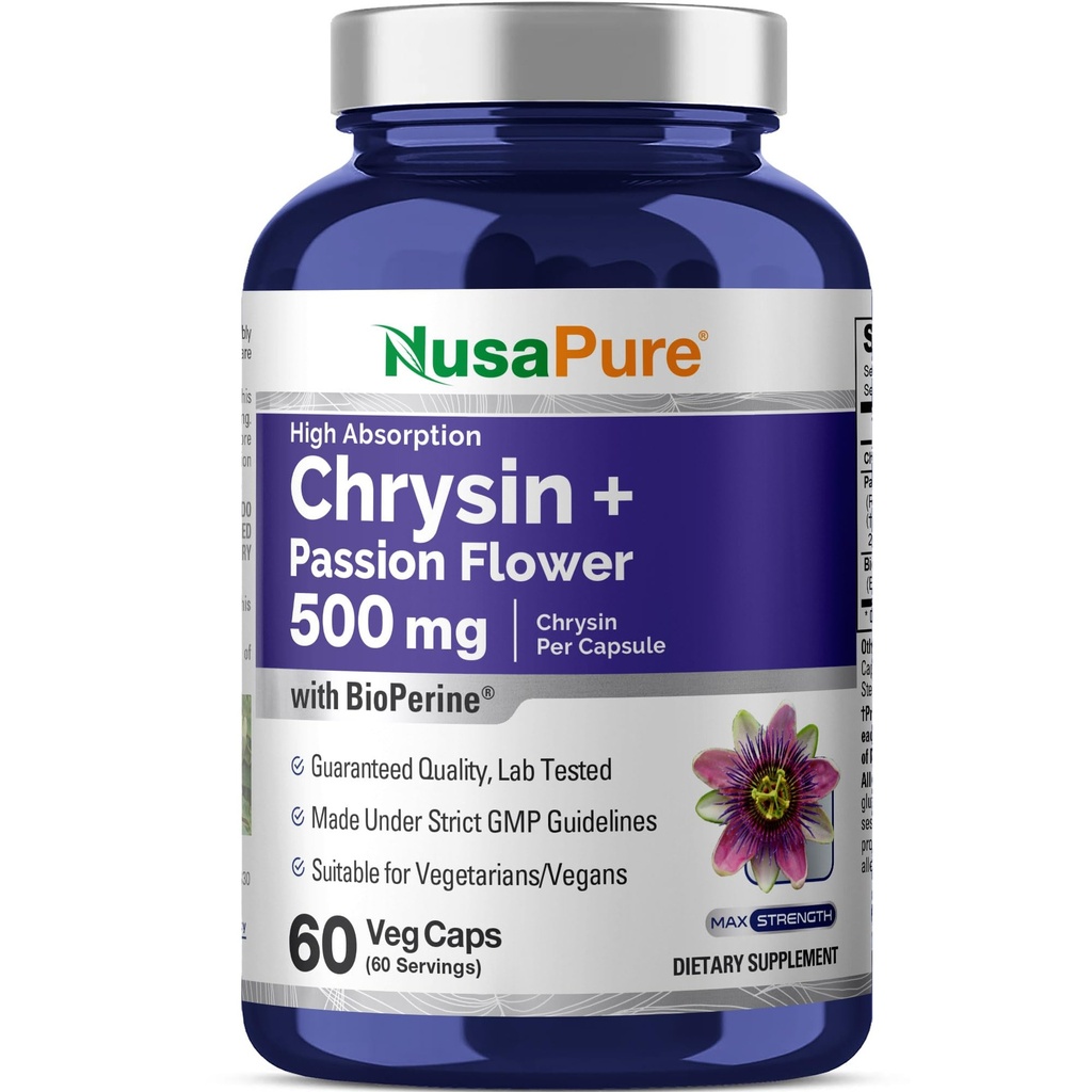 NusaPure Chrysin 500mg, 60 Veggie Capsules | Passion Flower Complex 500mg 补充 | 5, 7-Dihydroxyflavone | 集中 提取 | 非GMO, BioPerine