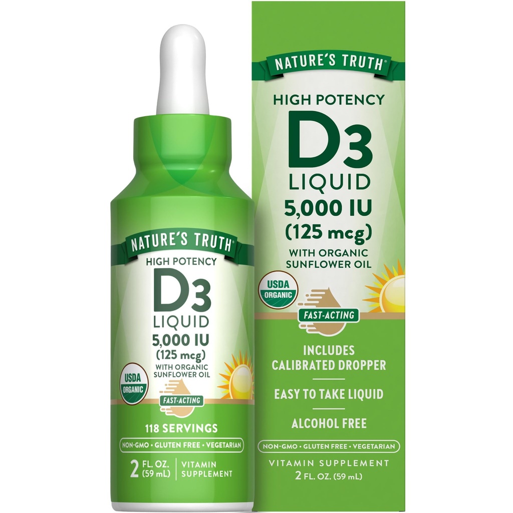 自然真理维生素D3液体 5000 IU → 2 fl oz → Non-GMO 和 Gluten 免费补编