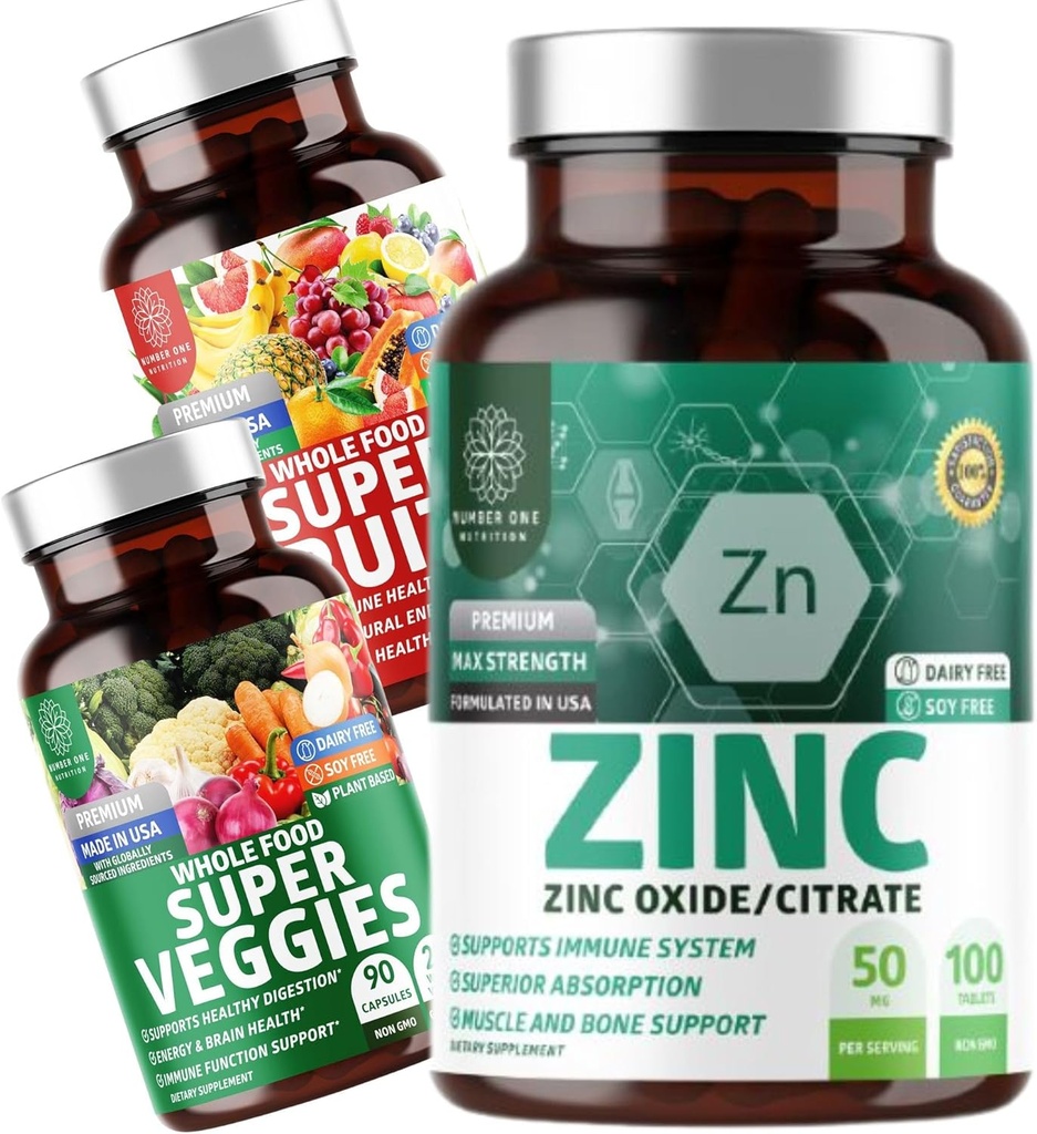 营养第一 N1N 超級水果和蔬菜补充[40全食,Aloe Vera,维生素]和锌50mg[3X吸收],2 Pack Bundle