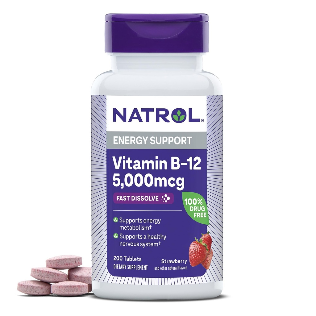 Natrol维生素B12 5000 mcg,快速溶解维生素B12 补充支持健康神经系统和能量代谢,200平板,最多200天的供应量