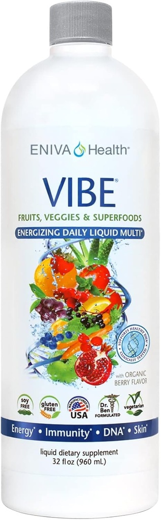 Eniva Health Vibe 液态多维坦矿物质补充剂,配有维生素A、B12、C、D、E和氨基酸。