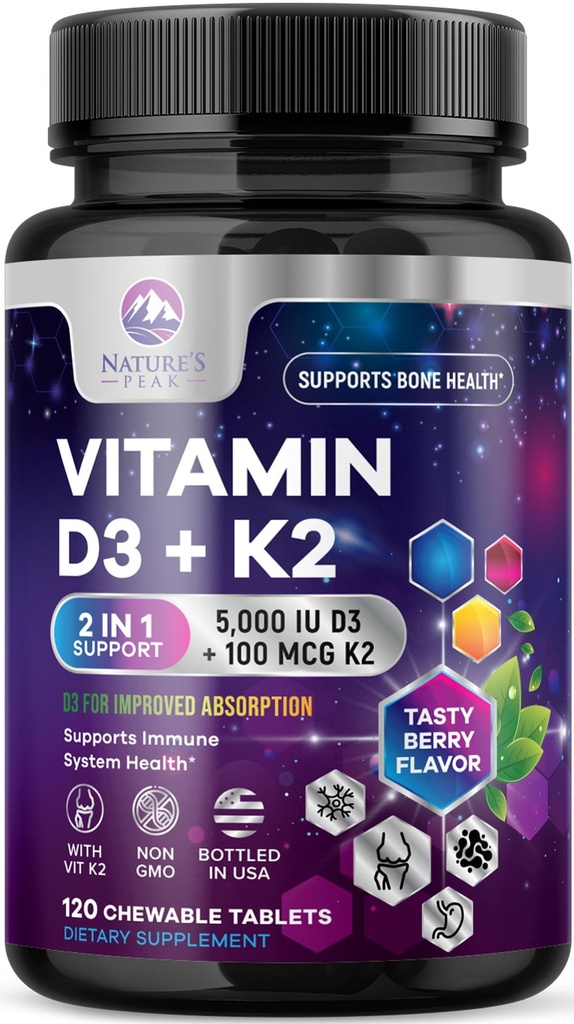 维生素D3 K2 - 5000 iu Vitamin D3 & 100 mcg 维生素K2(MK-7) 免疫支持综合体 - 骨,牙齿和肌肉健康支持 - Berry Chewable, Gluten Free, Non-GMO, Bottled in USA - 120 片
