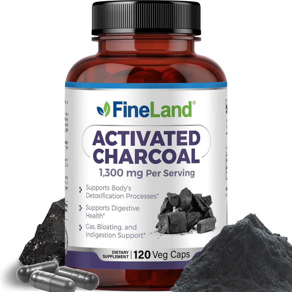 FineLand activated Charcoal 1300mg - 高级消化除毒清洁剂,助燃气和催化,流通和胆固醇支持 - 在美国制造,120 Vegan药丸