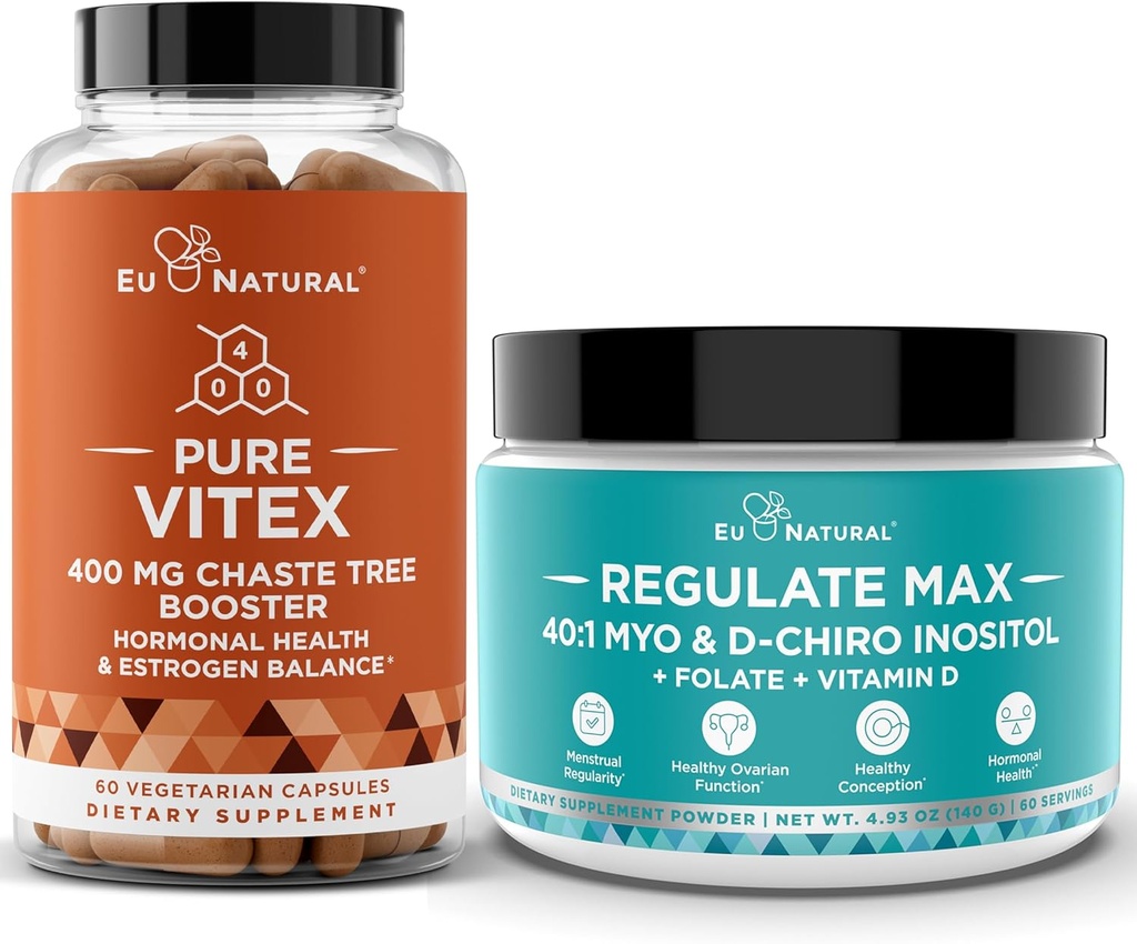 Vitex Chasteberry Capsules & Regulated Max Myo-Inositol D-Chiro Inositol粉 - 天然PMS与生育支持,平衡激素,调节循环 - 60 Vegan软卡布 + 60 services Inositol粉