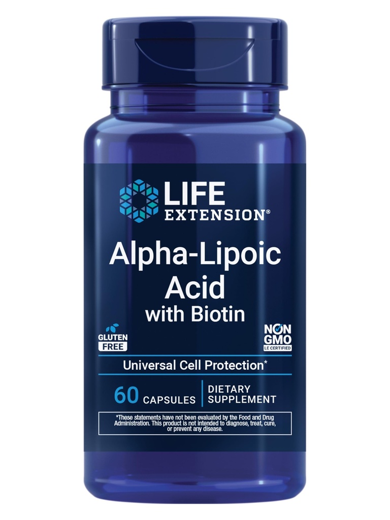 生命延伸 Alpha-Lipoic Acid with Biotin, 用于细胞保护, 用于肝脏和神经健康的通用抗氧化剂, 无Gluten-free, 非GMO, 60 Capsules