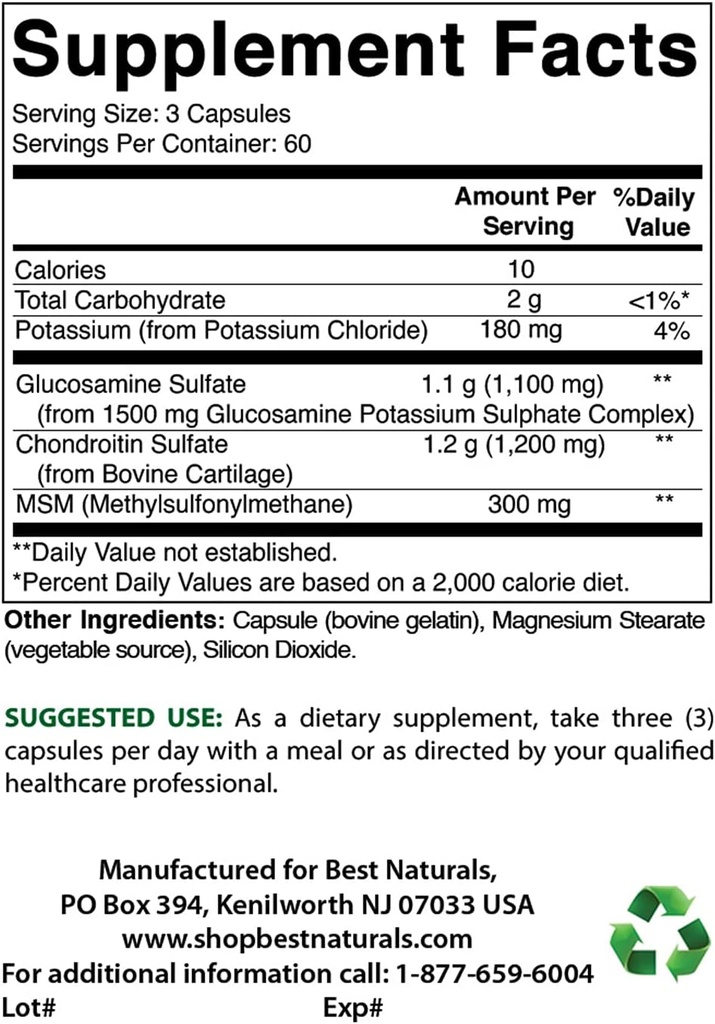 最佳天然Glucosamine Chondroitin和MSM与氧化镁500毫克