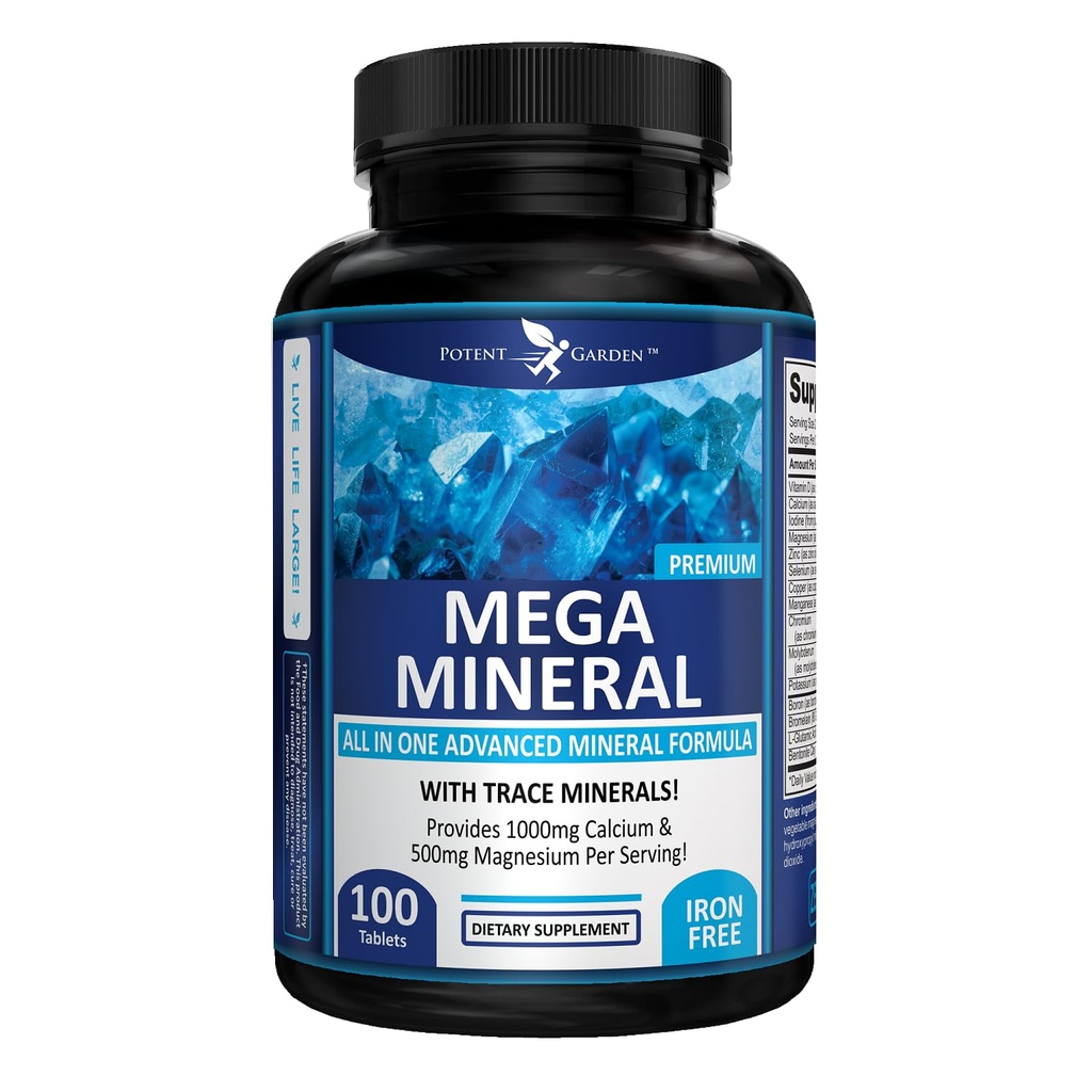 Potent Garden Mega Mineral Supplemental Complex 配以硼化镁锌钾的完整的矿物综合体 硼化硒和72 Trace Minerals 铁自由钙 Supplement - 100 Pills
