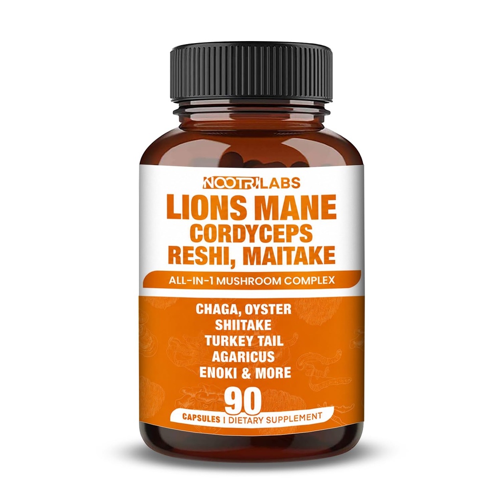 Mushroom Complex - Lions Mane, Cordyceps, Reshi, Maitake - Nootropics Brain, Boosts Memory, Energy, Cognitive Function & Improves Focus, Immune System, Antioxidant - 90 Vegan Capsules