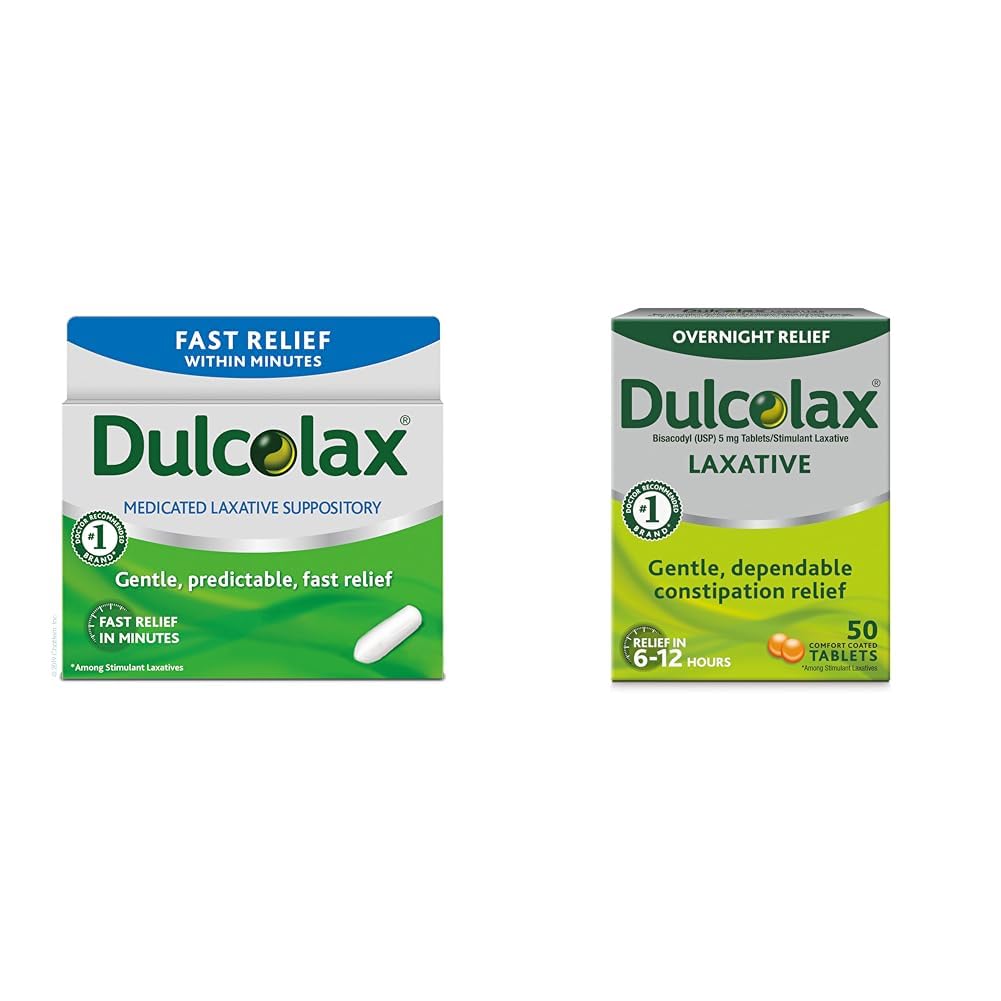 Dulcolax 快速救济药剂 快速救济药剂 快速救济药剂 直肠仅用 Bisacodyl, 10 mg & Tovernight 救济药剂 Gentle Contipation Relief, Bisacodyl 5 mg 药片, 50 count