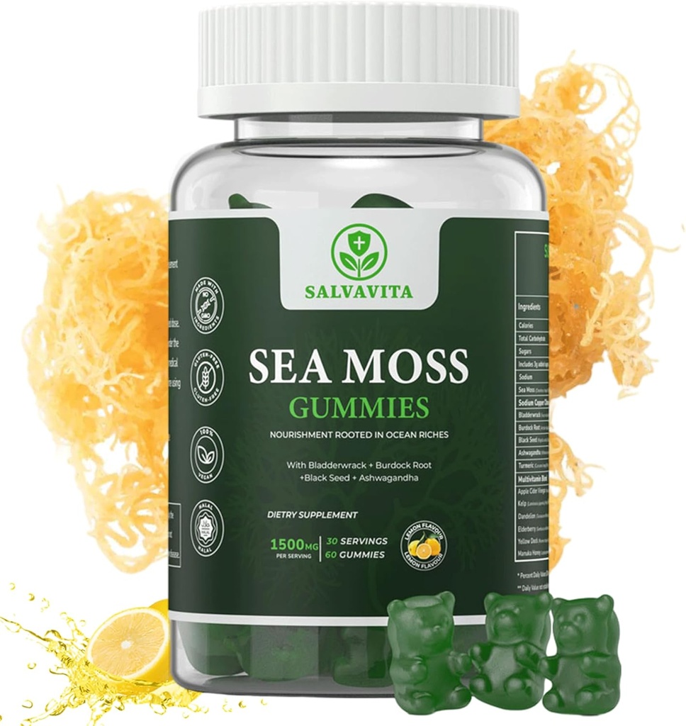 Sea Moss Gummys – 威力1500mg 服务 → 注入Bladderwrack, Burdock Root, 黑种子 & Ashwagandha → 有机海 Moss → Lemon Flamvor – 60 Gummys