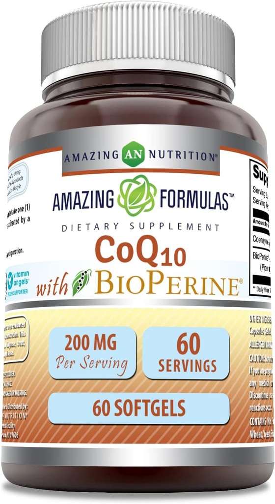 配有Bioperine Supplements的惊人公式 CoQ10 每架200Mg 配有60软胶 配有美国制造的无糖胶