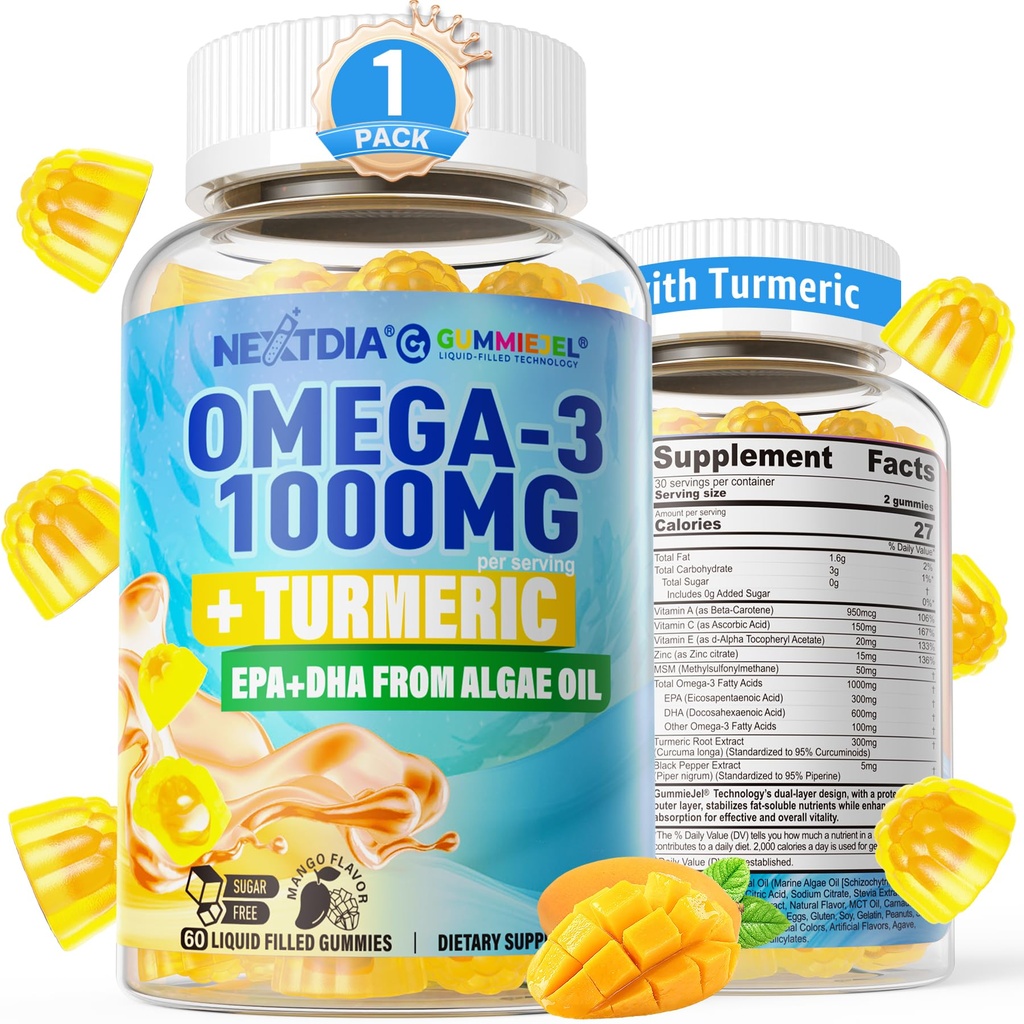 Vegan Omega-3 Gummys 1000 mg + Turmeric - Omega 3 鱼类的成人油替代品 - Algae DHA 600mg & EPA 300mg,维生素A,C,E,锌和MSM,无糖,60 Cts