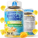 Vegan Omega-3 Gummys 1000 mg + Turmeric - Omega 3 鱼类的成人油替代品 - Algae DHA 600mg & EPA 300mg,维生素A,C,E,锌和MSM,无糖,60 Cts