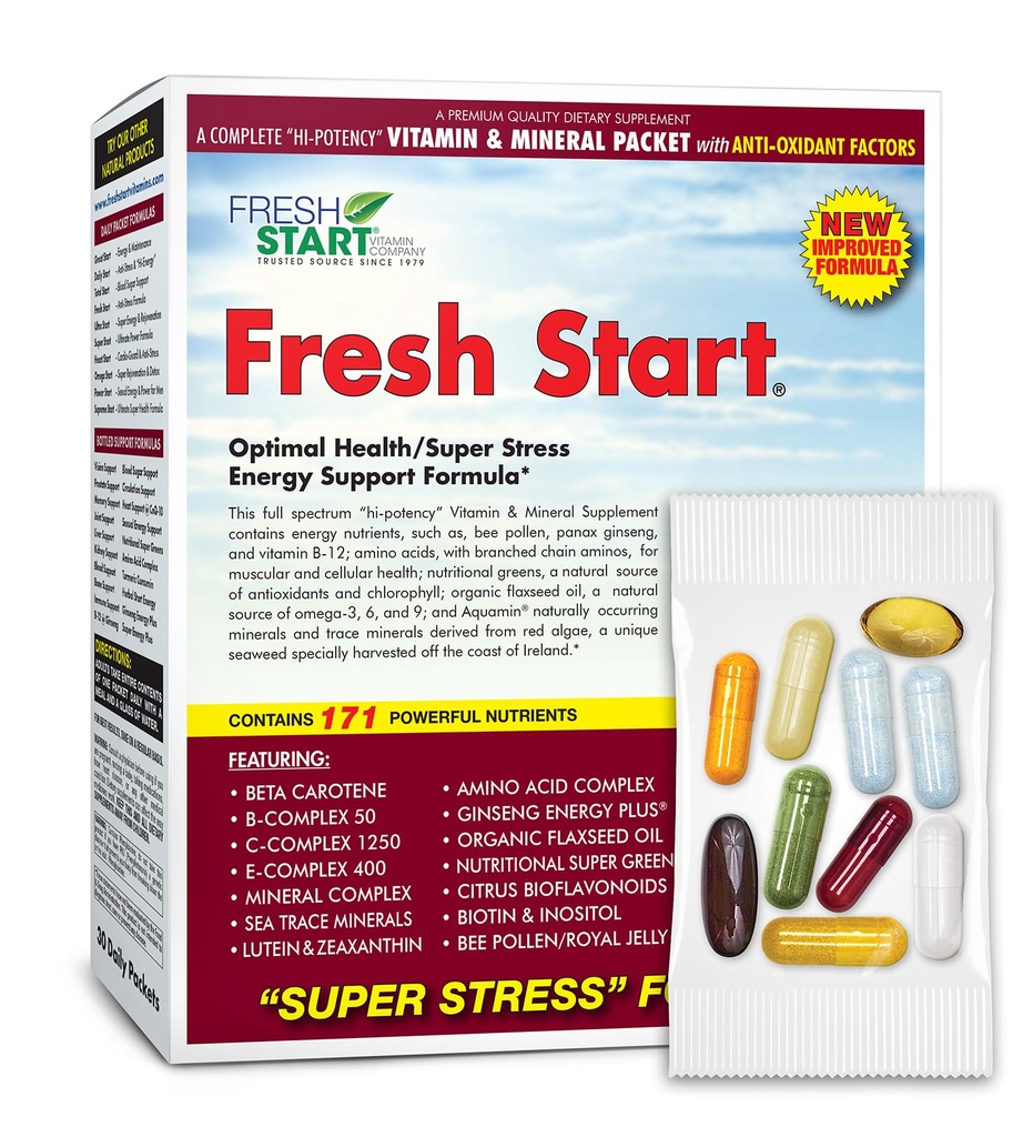 Fresh Start Complete Daily Vitamin Pack QQ 能量助推与应激支持QQ 维生素A,B,C,D,E,B12,矿物,氨基酸,Omega-3-6-9,Panax Ginseng,Super Greens (30 Packets)