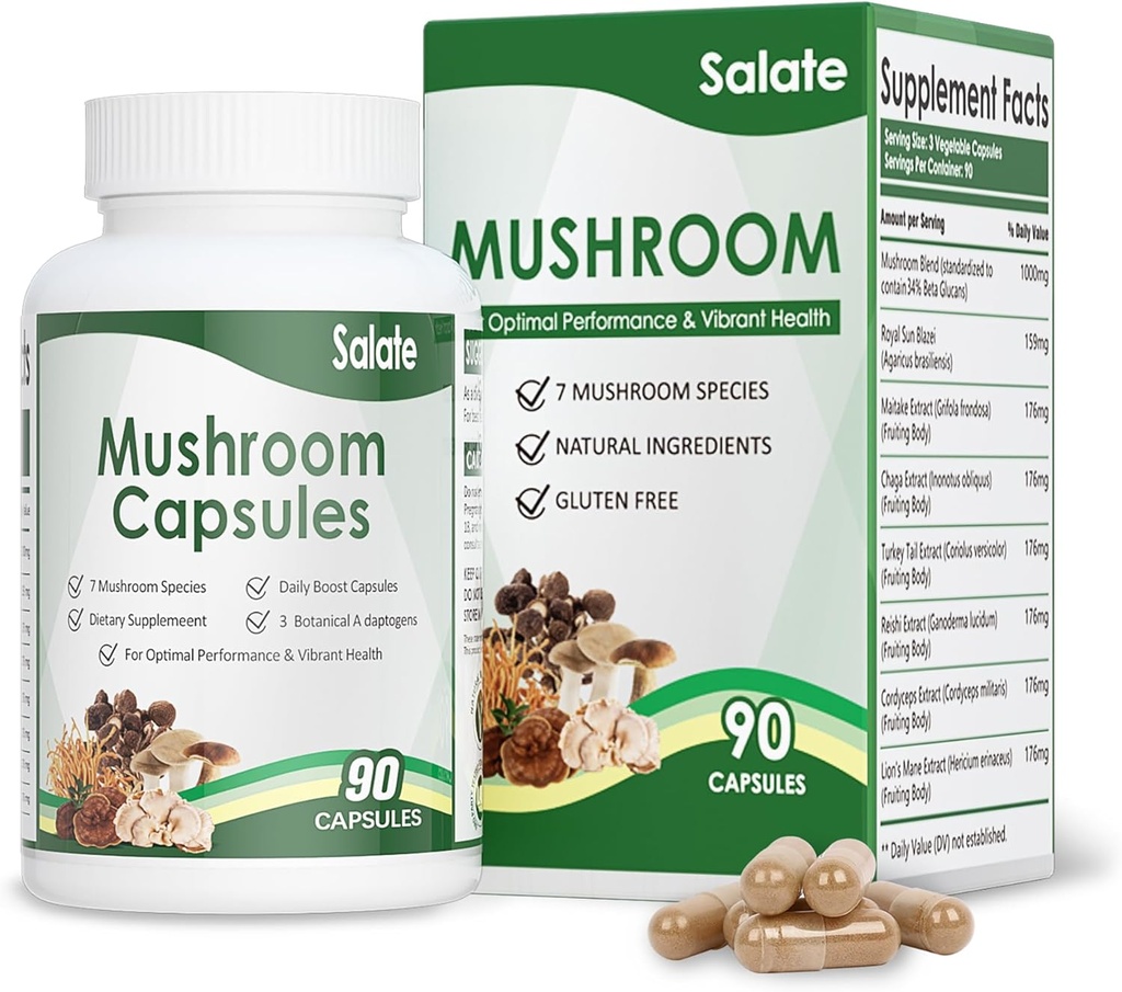 Salate Lion's Mane Supplements 有机蘑菇提取用于记忆和聚焦,免疫支持脑囊,100%水果体提取,没有Mycelium Vegan 蘑菇补充(90 Caps)