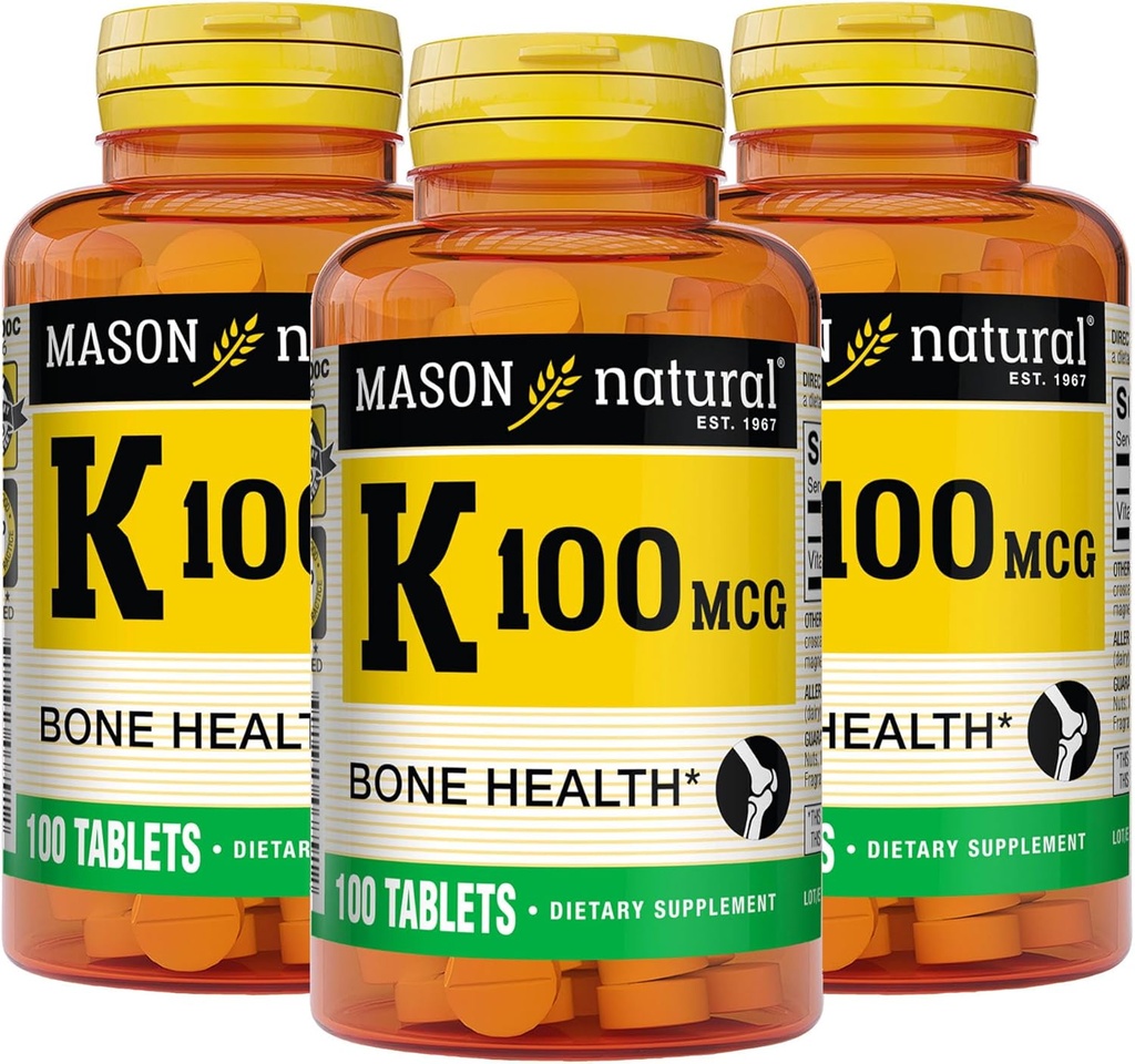 MASON 天然维生素K 100 mcg, 支持骨骼和联合健康, 帮助钙吸收, 100 片, 包 3