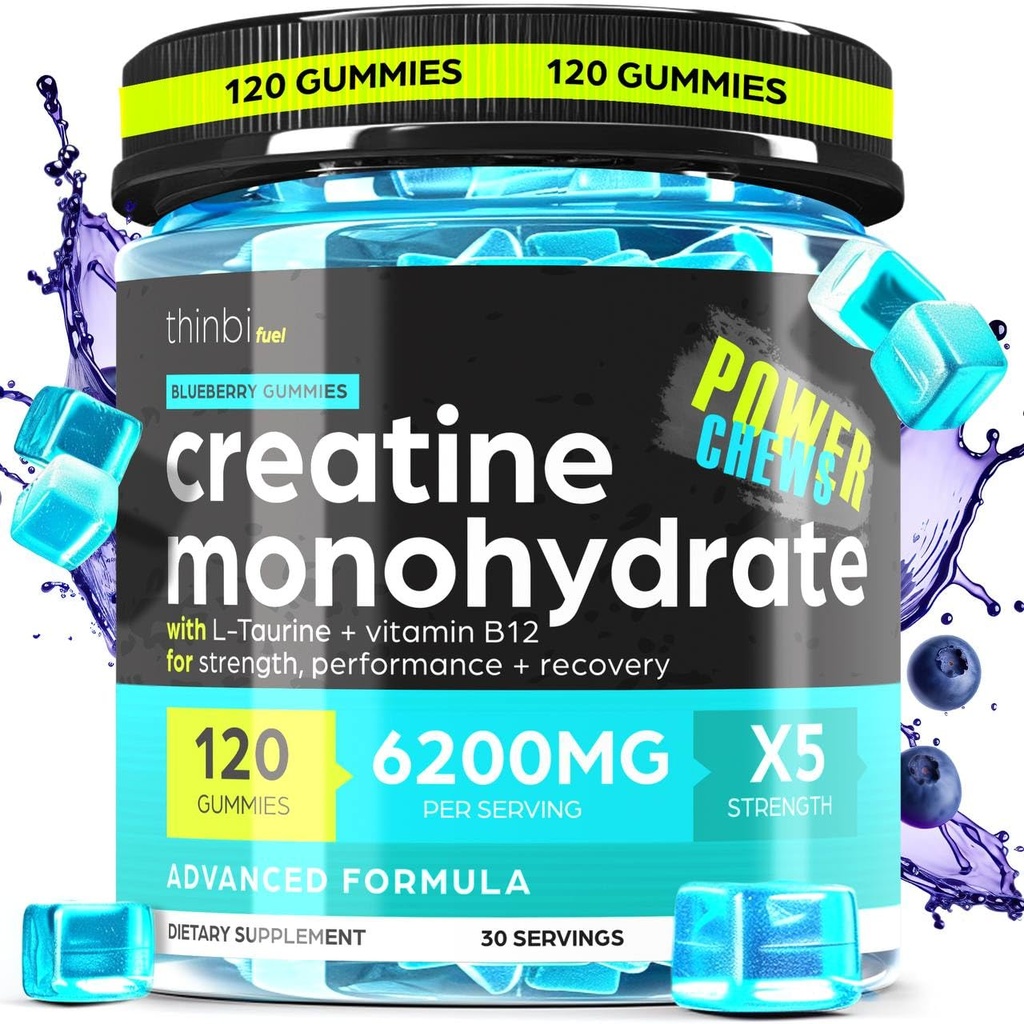 Creatine Monohydrate Gummys Complex 6200mg for Men & Men & Men - 120 Gummys 高级公式 W/L-Taurine + Vitamin B12 for Muscle strong, Muscle Builder, Energy Boost, 工作前补充 - Thinbi