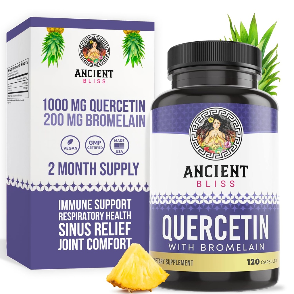 Ancient Bliss Quercetin with Bromelain – Quercetin 1000mg bromelain 200mg – 服务 – 支持免疫系统,联合健康,呼吸卫生和总体健康 – 120 Capsules
