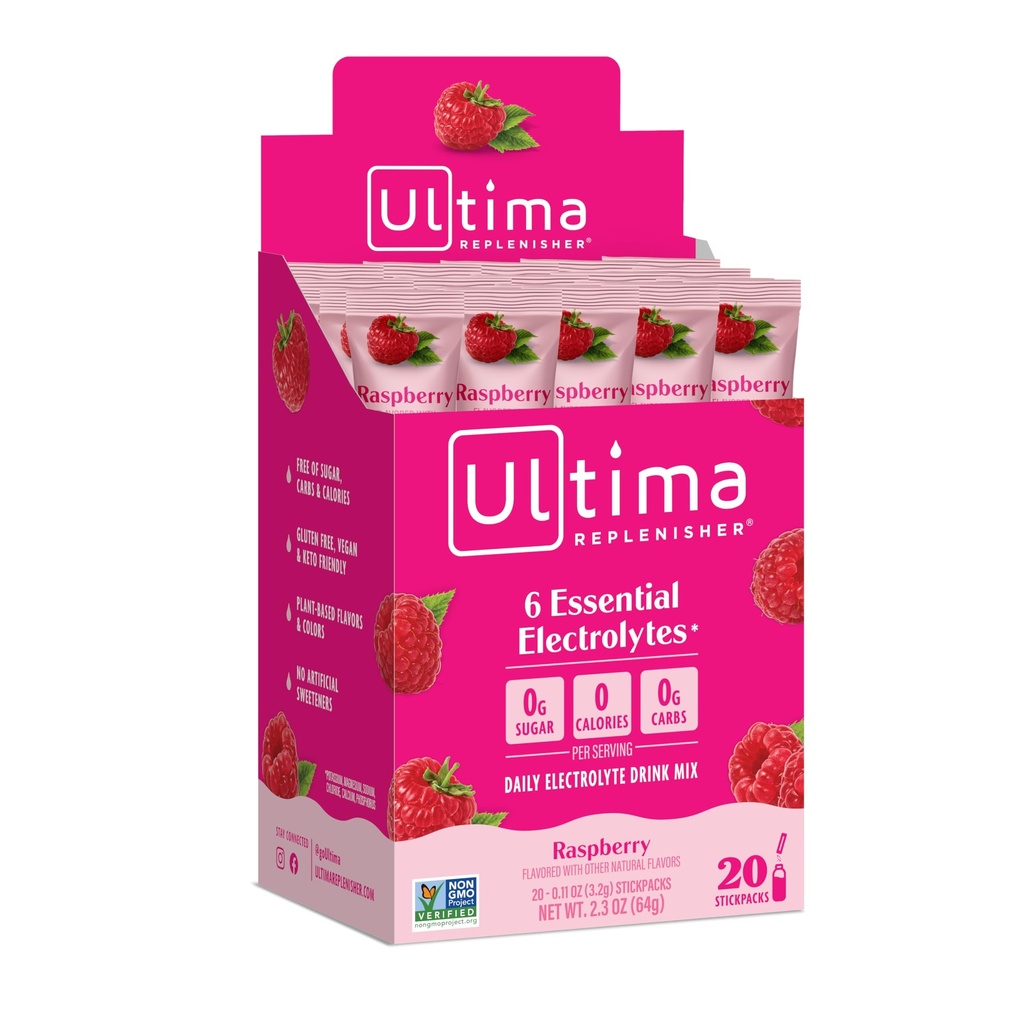 Ultima 增资者,电解液 饮料 混合剂, Raspberry, 20 Counter Stickpacks Box - 无糖, 0卡路里, 0 Carbs - 无糖, Keto, 非GMO, Vegan