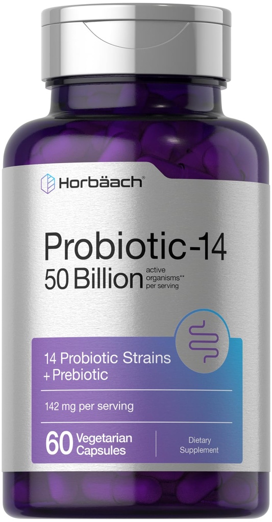 Horbaach Probiotics for Women and Men 60 Capsules 14 Probiotic Strains with Prebiotic 5亿活性生物 \ Non-GMO & Gluten Free 补充品