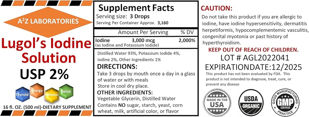 A2Z 有机 Lugol的碘和碘酸钾 2% 溶液 3000 mcg - 用于支持甲状腺素的液态补充滴液 女性和男性,代谢体健康,Detox Boost - 16 Fl Oz/USA/Ships Today! (2 PK).