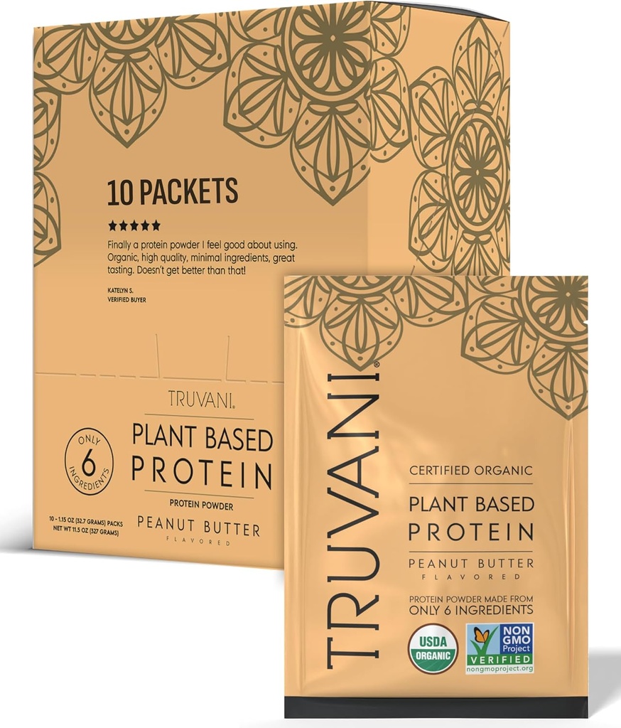 Truvani Vegan Pea蛋白粉 花生酱 20g 有机植物基蛋白 单服务旅行包 10 服务 Keto Gluten & 乳品免费 低卡