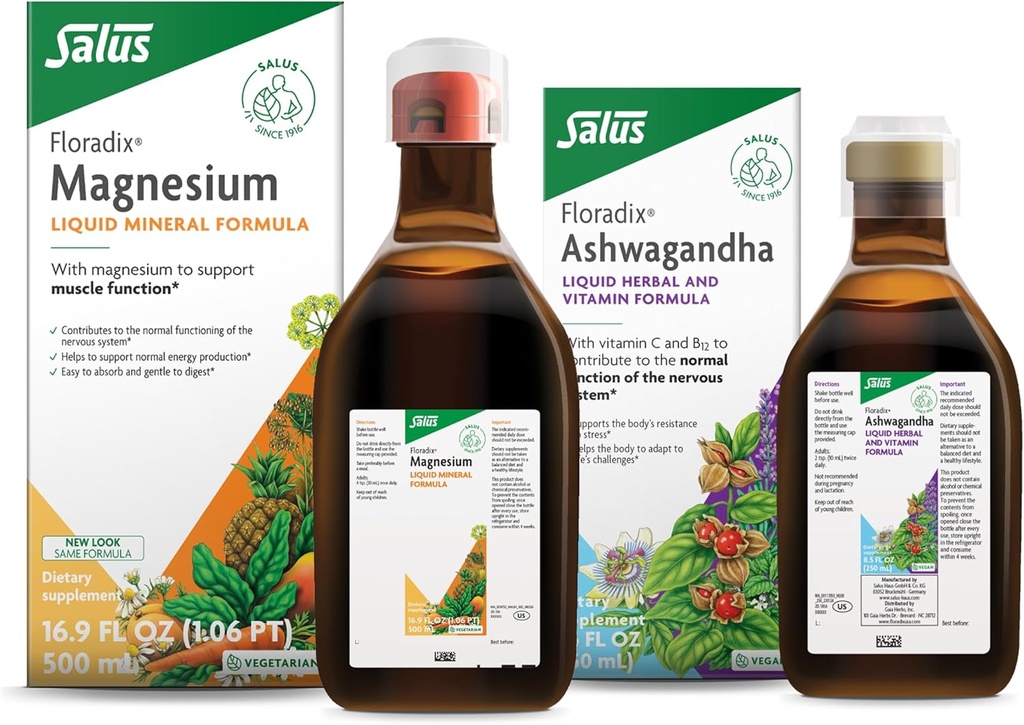 Floradix 作者:Salus Magnesium (16.9 oz) & Ashwagandha Liquid (8.5 oz) Bundle - 骨骼支持、消化健康及更多* - Ashwagandha,维生素C,维生素B12和更多压力支持*