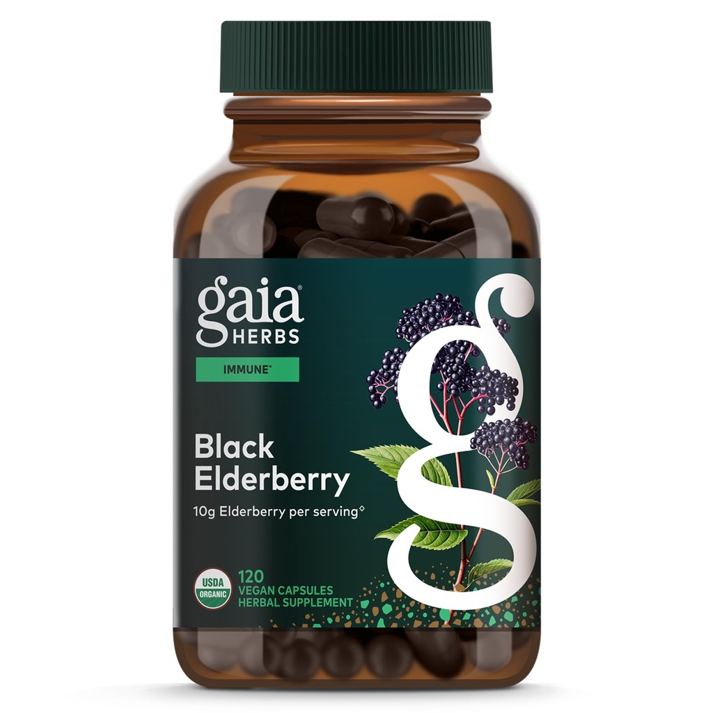 Gaia Herbs Black Elderberry -- -- 帮助支持健康日常免疫辅助剂 -- -- 配有黑色老年莓和Acerola水果抗氧化剂辅助剂* -- -- 120 Vegan Capsules(60天供应)