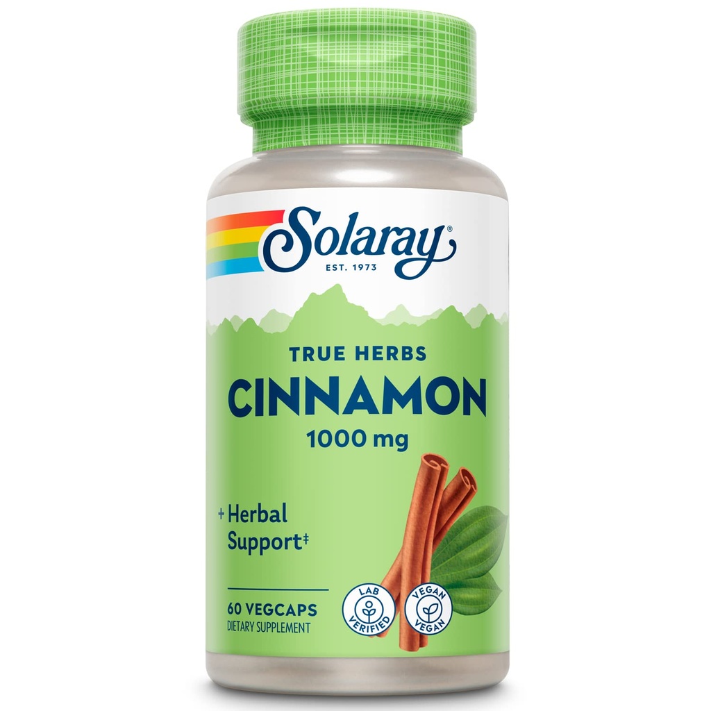 SOLARAY True Herbs Cinnamon Bark 1000mg - 地面肉桂补充剂 - 草药支持整体健康 - 非GMO项目 验证 - Vegan Capsules, 60天保障 - 30名服务员,60名Veg Caps