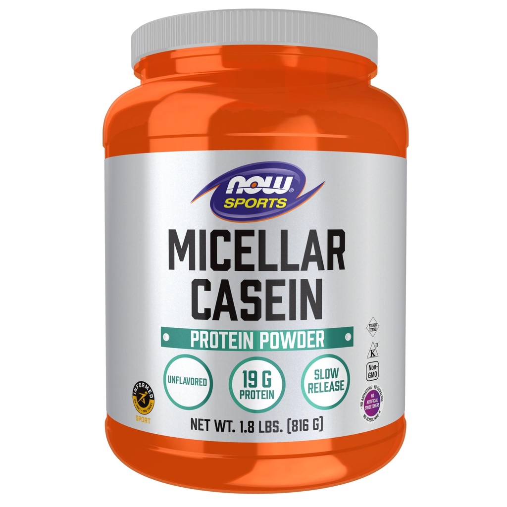 现在食品运动营养,Micellar Casein 19 g, 缓慢释放,未味粉,1.8-Pund