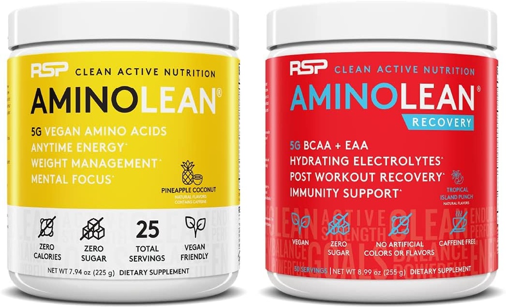 RSP Nutriition Vegan 氨基莱恩前置工作能源(Pineapple Coconut 25 services),配有氨基莱恩后置工作靴(热带岛击30 services)
